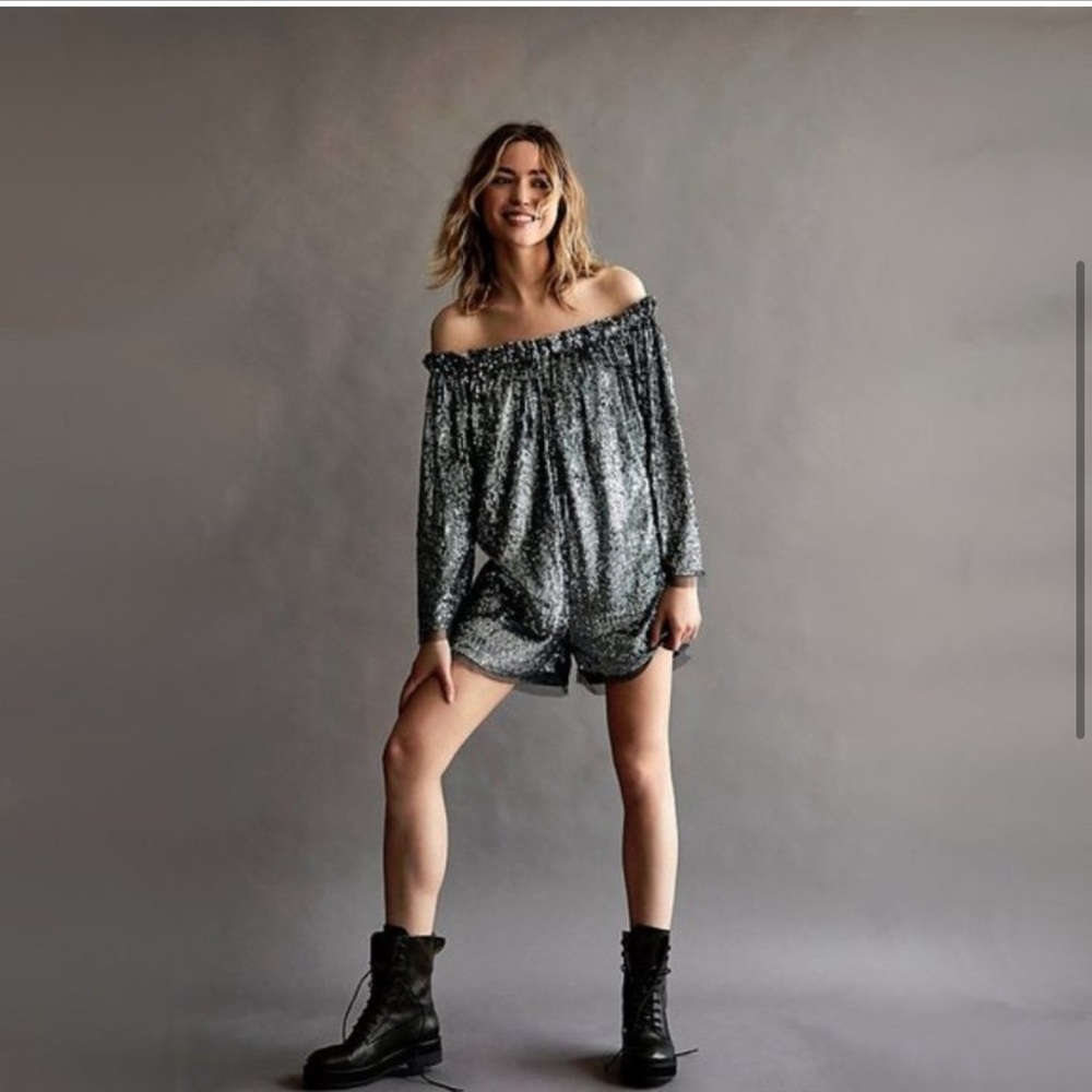 Free People Silver Sequin Off-Shoulder Romper